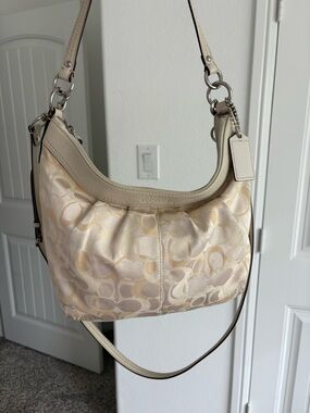 Coach Cream Signature Jacquard Shoulder Bag with Leather Trim